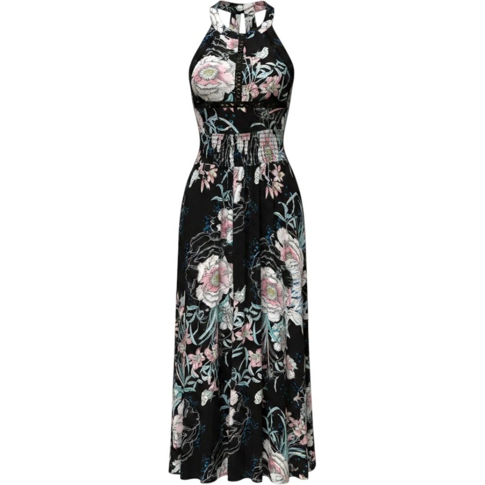 JAASE- Handshaped Floral Bird Print Halter Maxi Dress Black Boho Crochet Slit